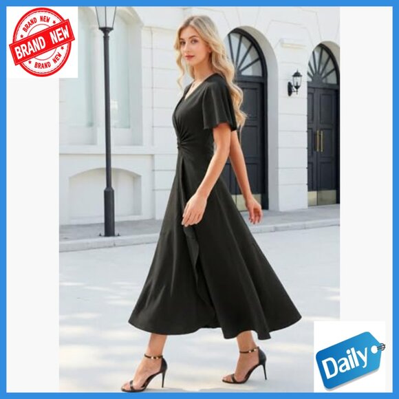 A-Line Midi Formal Dress with Pockets, Ruffle Sleeves, Detachable Corsage - Picture 3 of 7